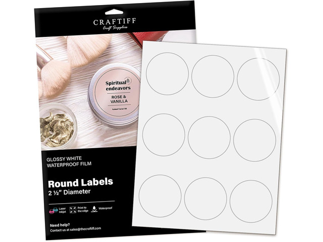 Round Labels Stickers 2.5' inches Printable Vinyl Waterproof Glossy White Sticker Paper, 135 Customizable Labels Compatible with 22830