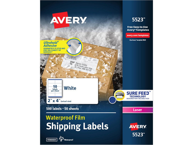Avery Waterproof Labels with UltraHold Permanent Adhesive, 2' x 4', 500 Labels for Laser Printers (5523)