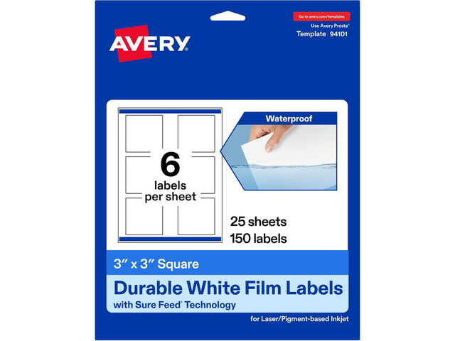 Avery Printable Durable White Square Labels, Sure Feed Technology, 3' x 3', Print-to-the-Edge, Waterproof Labels, Laser & Pigment-Based Inkjet...