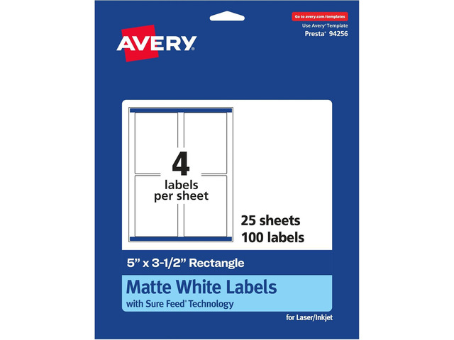 Avery Matte White Rectangle Labels, Sure Feed Technology, 5' x 3.5', 100 Matte White Printable Labels