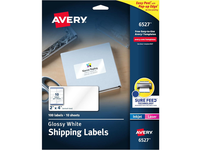 Avery Shipping Labels, Sure Feed and Easy Peel Technology, Glossy White Labels, 2' x 4', Permanent Adhesive, Laser/Inkjet, 100 Total (6527)