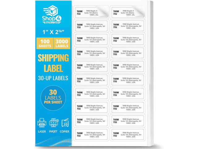 Shop4Mailers 30-Up White Permanent Self Adhesive Shipping Labels 1 x 2 5/8 Easy Peel Stickers for Laser & Inkjet Printers - 100 Sheets - 3,000...