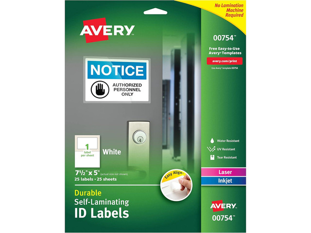 Avery 00754 Easy Align Self-Laminating ID Labels, Laser/Inkjet, 5 x 7 1/2, White (Pack of 25)