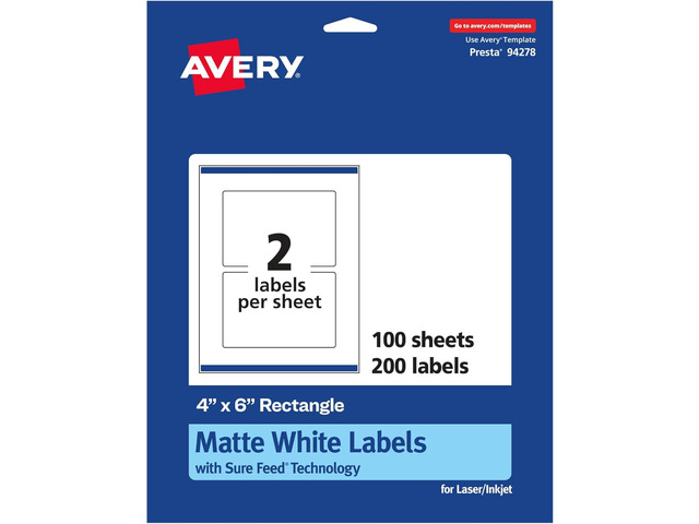 Avery Matte White Rectangle Labels, Sure Feed Technology, 4' x 6', 200 White Labels, Print-to-The-Edge, Permanent Adhesive, Laser/Inkjet Printable