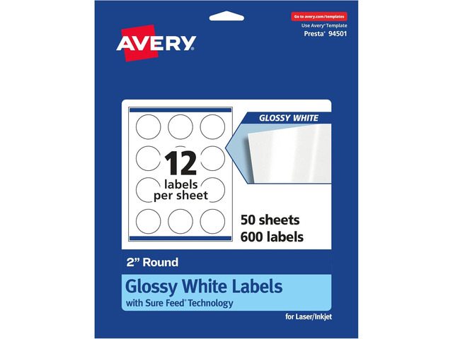 Avery Round Labels, Sure Feed Technology, 2' Diameter, 600 Glossy White Labels (36497)
