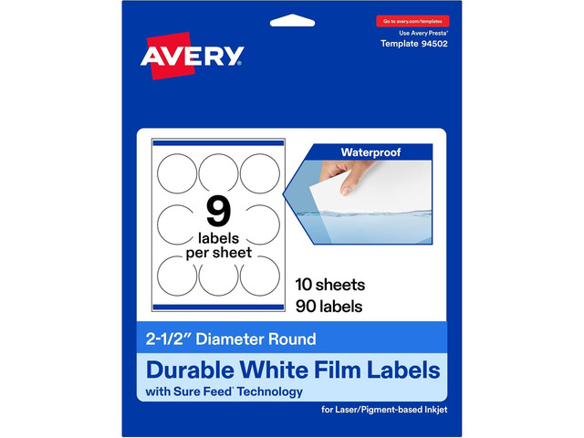 Avery Printable Durable White Round Labels, Sure Feed Technology, 2.5' Diameter, Print-to-the-Edge, Waterproof Labels, Laser & Pigment-Based Inkjet...