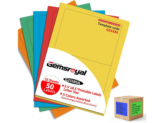 Colored Half Sheet Shipping Labels Printable,5.5'×8.5',Assorted Bright Neon Colors (Red,Orange,Blue,Green and Yellow),Color Label Stickers for...