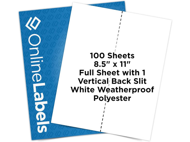 8.5 x 11 Waterproof Polyester Full Sheet Labels (Laser Printers Only) - 100 Sheets - Vertical Back Slit for Easy Peeling - OnlineLabels