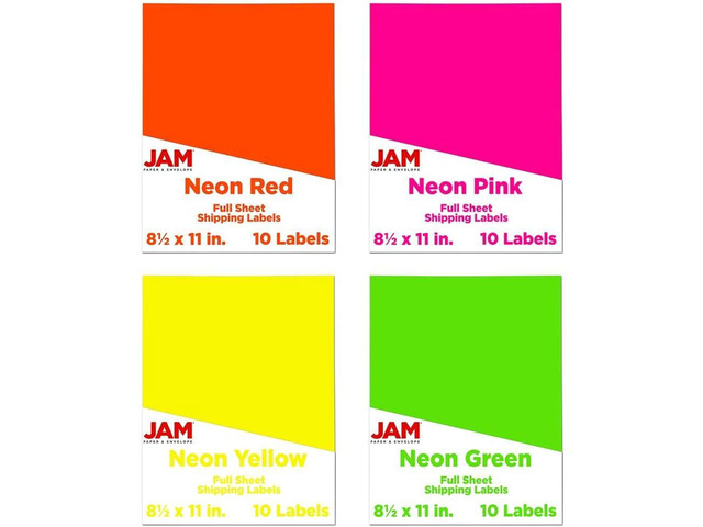 JAM PAPER Full Sheet Shipping Labels - Printable Sticker Paper - 8 1/2 x 11 - Assorted Neon Colors - 40 Pages/Pack