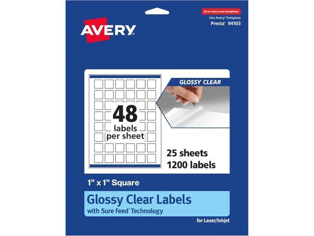 Avery Glossy Clear Square Labels, Sure Feed Technology, 1' x 1', 1,200 Glossy Clear Labels, Print-to-The-Edge, Laser/Inkjet Printable