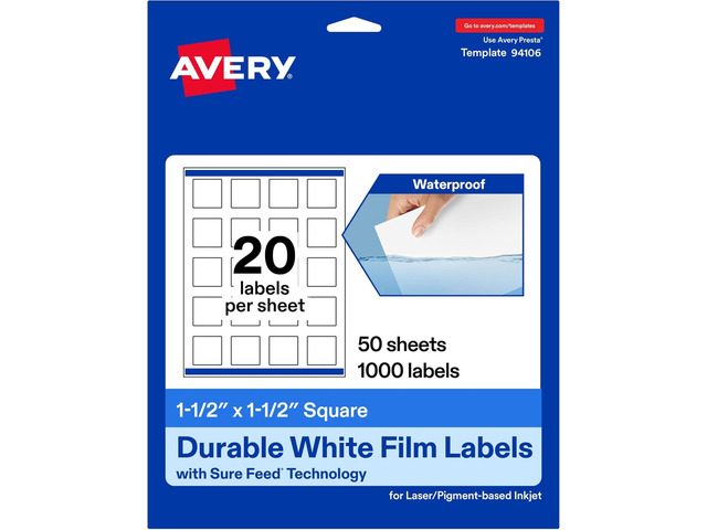 Avery Printable Durable White Square Labels, Sure Feed Technology, 1.5' x 1.5', Print-to-the-Edge, Waterproof Labels, Laser & Pigment-Based Inkjet...