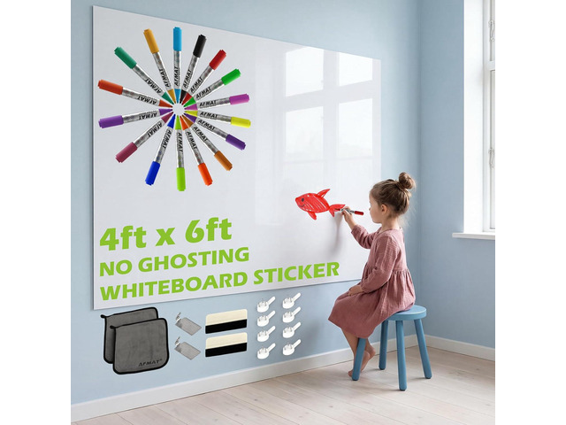 AFMAT Whiteboard Sticker for Wall, 4x6ft White Board Paper, Super Sticky Dry Erase Wallpaper, Peel and Stick Dry Erase Board with 16 Markers, No...
