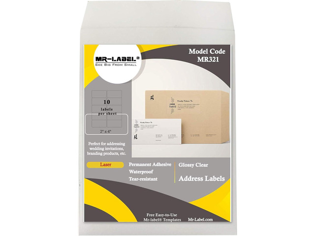 Mr-Label 2' x 4' Glossy Crystal Clear Address Labels - Waterproof and Tear-Resistant - for Laser Printer Only - Permanent Adhesive - for Glass...