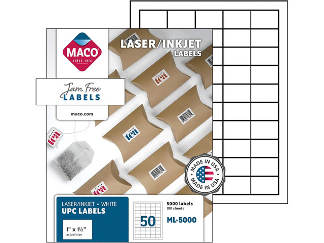 Printable Labels for Mailing - Laser/Ink Jet Compatible Shipping Address Labels, 50 per Sheet, 1 x 1-1/2', Box of 100 Pages/5000 Labels, White