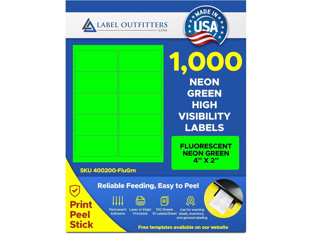 1,000 Label Outfitters Printable High-Visibility Fluorescent Neon Green Inventory Shipping Mailing Labels, 4 x 2 inches, 100 Sheets