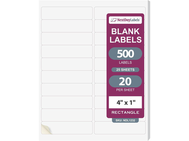 NextDayLabels 4x1 Inch Rectangle Stickers White Blank Labels for Laser Inkjet Printer - 20 Per Sheet Self-Adhesive Return Address Shipping Made in...