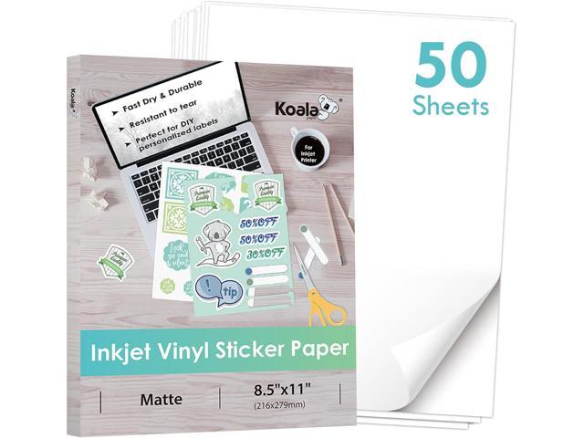 Koala Printable Vinyl Sticker Paper for Inkjet Printer - 50 Sheets Matte White Waterproof Sticker Printer Paper, 8.5x11 Inch, Work with Cutting...