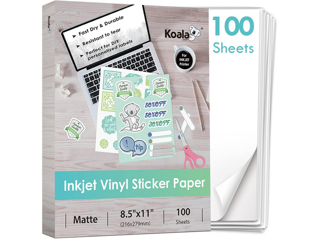 Koala Printable Vinyl Sticker Paper for Inkjet Printer - 100 Sheets Sticker Printer Paper Matte White, Waterproof Sticker Paper 8.5x11 Inch, Work...
