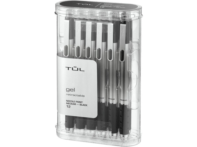 TUL GL1 Retractable Gel Pen, Needle Point, 0.7 mm, Gray Barrel, Black Ink, Pack Of 12