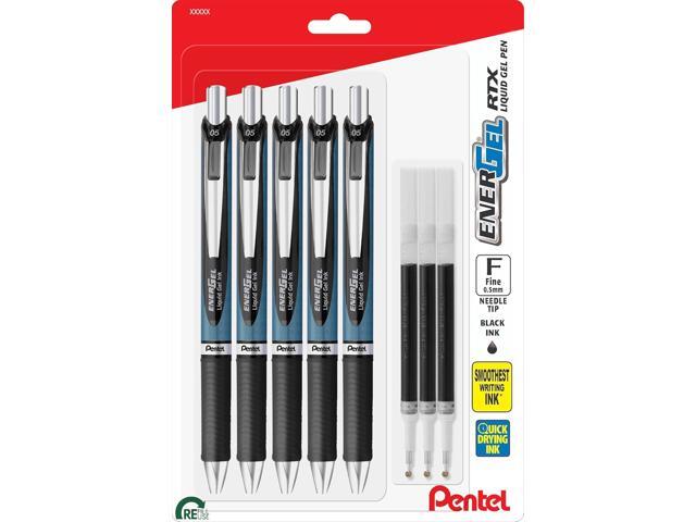 Pentel Energel 0.5 mm Needle Tip Pens - Energel RTX Retractable Liquid Gel Pen Set - Pack of 5 Black Pens & 3 Refills