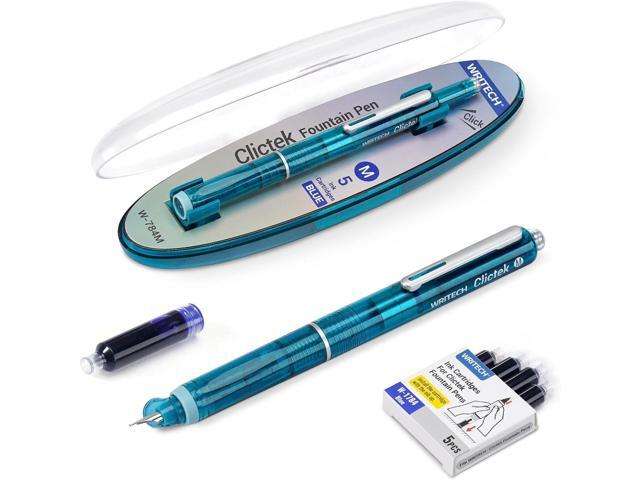 WRITECH Clictek Fountain Pen Set: Retractable Style Blue Ink Medium Nib Transparent Barrel, Includes 5 Ink Cartridges for Gift Set, Smooth Writing...
