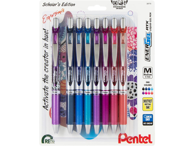 Pentel EnerGel RTX Retractable Liquid Gel Pen, Creator Expressions Pack, 0.7mm, Metal Tip, Medium Line, Assorted Ink, Pack of 8 Pens (BL77XRIGBP8M)