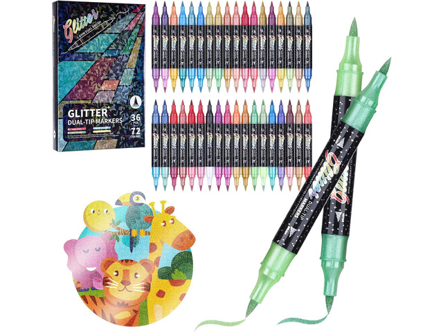 KEMYR Glitter Effect Brush Markers Pens,72 Colors Dual Tip Glitter Pens Set 36 Pack Metallic Sparkle Markers for Cards, DIY Crafts, Doodle,...
