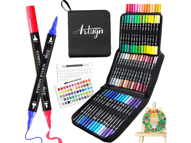 Artugn 60 Colors Acrylic Paint Pens, Dual Tip Pens With Fine Tip and Brush Tip for Rock Painting, Ceramic, Wood, Plastic, Calligraphy,...