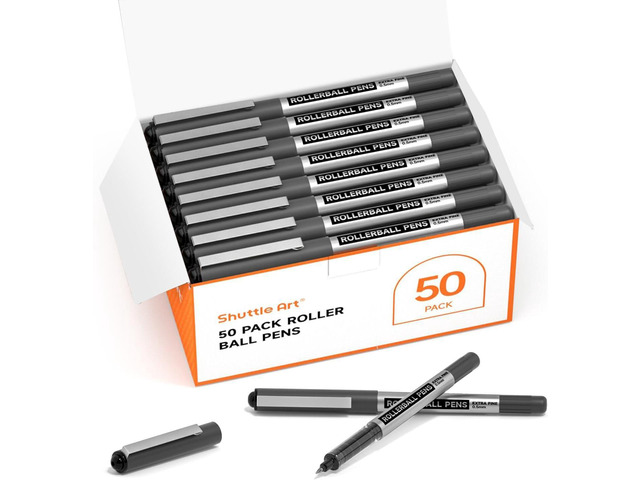 Shuttle Art RollerBall Pens, 50 Pack Black Fine Point Roller Ball Pens, 0.5mm Liquid Ink Pens for Writing Journaling Taking Notes School Office