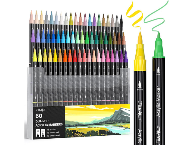 JusArt 60 Colors Dual Tip Acrylic Paint Pens Markers, Brush and Fine Tip, Premium Paint Pens for Wood, Canvas, Egg, Stone, Fabric, Rocks, Metal,...
