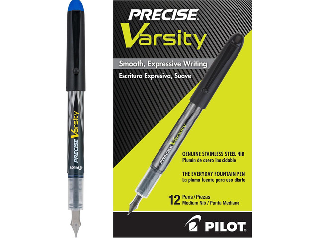 PILOT Precise Varsity Pre-Filled Fountain Pens, Medium Point Stainless Steel Nib, Blue Ink, 12-Pack (90011)