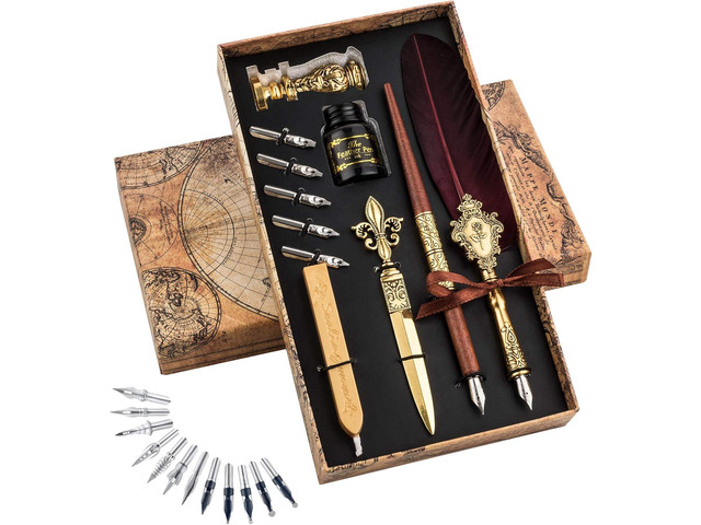 Hethrone Feather Pen and Ink Set - Quill Pens Calligraphy Pen Set Fountain Dip Pen
