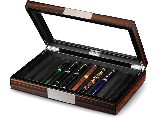 Wood Pen Box - 10 Slot Organizer With Glass Lid, Top Window Display Case for Collection Storage
