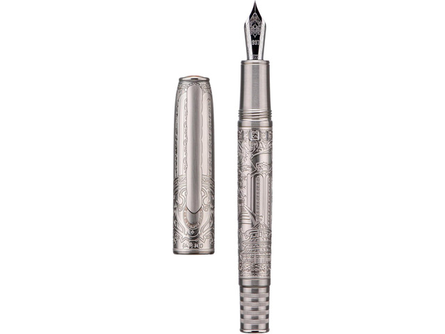 Hongdian 100 Piston Fountain Pen Silver Steel, Iridium Medium Nib Calligraphy Pen, Smooth Writing Pen with Pen Case Set