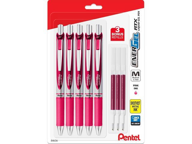 Pentel Energel 0.7 mm Liquid Gel Ink Pens - Pink Ink - Pack of 5 Deluxe RTX Pens with 3 Pink Refills