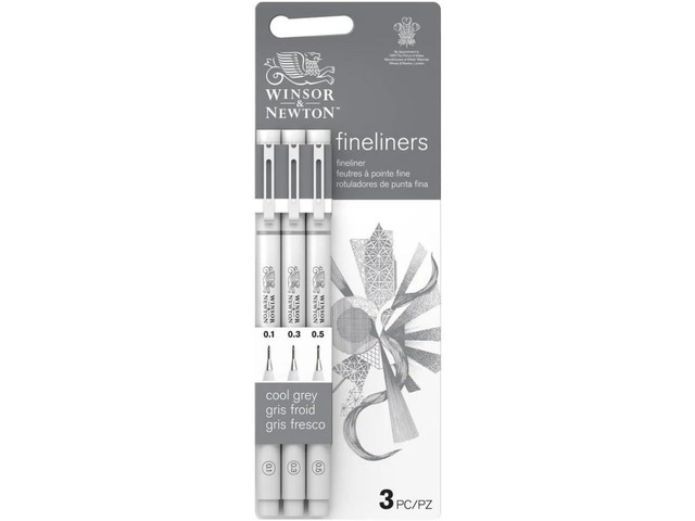 Winsor & Newton Fineliner Fine Point Pen Set, Assorted, Set of 3, Cool Grey