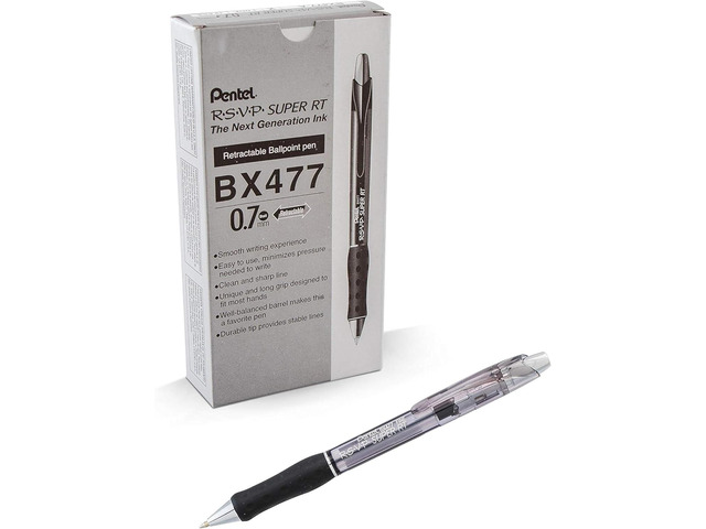 Pentel RSVP Super RT Ballpoint Pen, (0.7mm) Fine Line, Black Ink, Box of 12 (BX477-A)