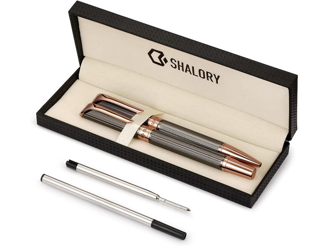 Ballpoint and Rollerball Pen Set, Stylish Line Engraved Metal Pen Elegant Smooth Writing Gift Pen (2 Pens with 2 Extra Refills)