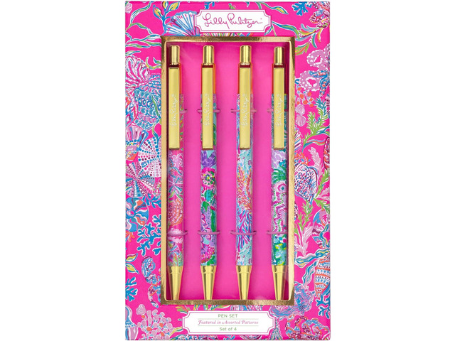 Lilly Pulitzer Black Ink Pen Set of 4, Retractable Pens for Home or Office, Colorful Plastic Click Pens, Shell Me Something Good (Assorted)