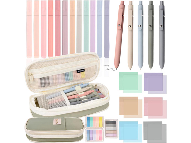 27 Pcs Aesthetic School Supplies Include 12 Pcs Aesthetic Highlighters Bible 1 Ppcs Big apacity Pen Case Bag 5 Pcs Retractable Quick Dry Gel Ink...