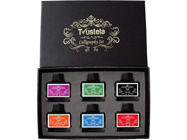 Calligraphy Ink Set 6 Colors (Black, Blue, Red, Green, Purple, Orange) 15 ml Bottles Fountain Pen & Dip Pen Ink
