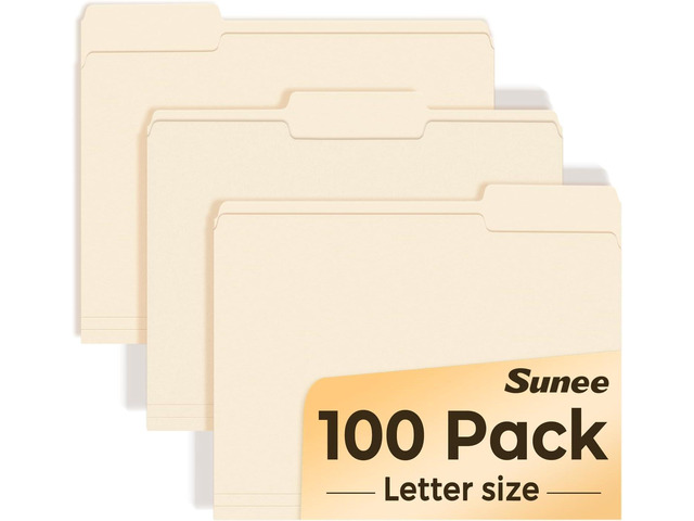 SUNEE Manilla Folders Letter Size (8.5 x 11 inches),100 Per Box, 1/3 Cut Tab for Easy Labeling and Organization, Durable Standard Paper for Home,...