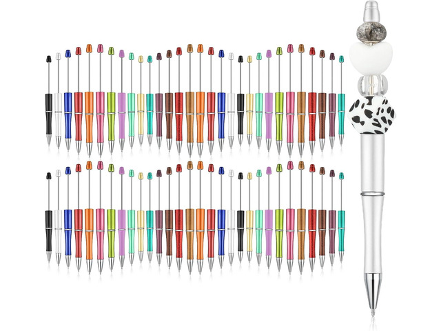 Kosiz 60 Pieces Plastic Beadable Beaded Black Ink Ballpoint for Office Supplies Gifts(Frosted Glitter,Elegant)