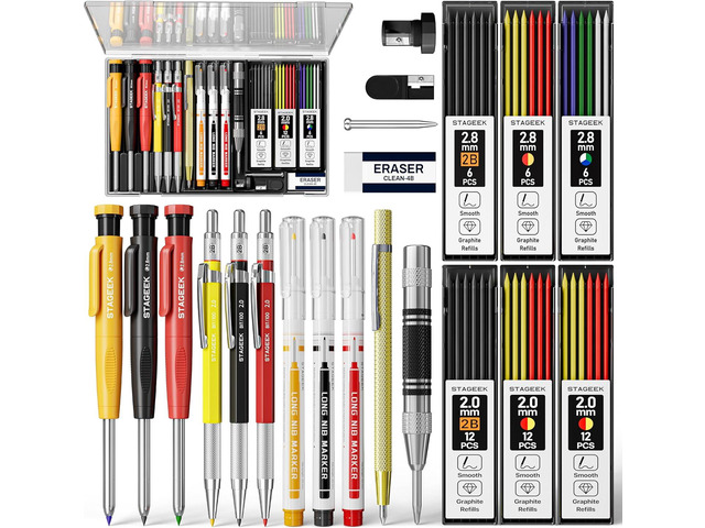 STAGEEK 22 Pack Carpenter Pencil Set with Sharpener, Mechanical Carpenter Pencils with 60 Refills, Deep Hole Long-Nib Marker Pens, Carbide Scribe...