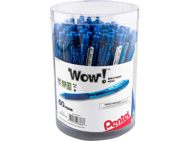 Pentel WOW! Ballpoint Pen, (1.0mm) Medium Line, Blue Ink, Pack of 60, Canister (BK440PC60C)