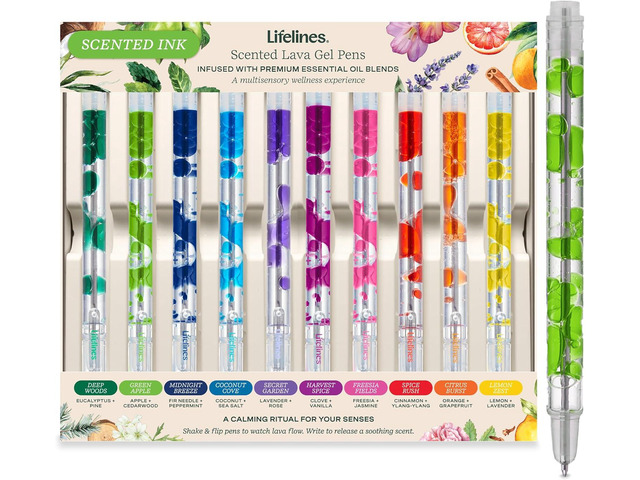 Lifelines Scented Lava Gel Pen Set, 10-Pack (Multi-Color) - 0.5mm Colored Gel Pens Infused with Scented Essential Oil Blends & Mesmerizing Lava -...