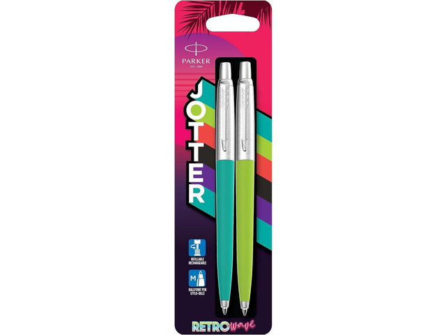 PARKER Jotter Originals Ballpoint Pens Retrowave Collection Caribbean Blue & Apple Green Blue Ink Medium Point 2 Count