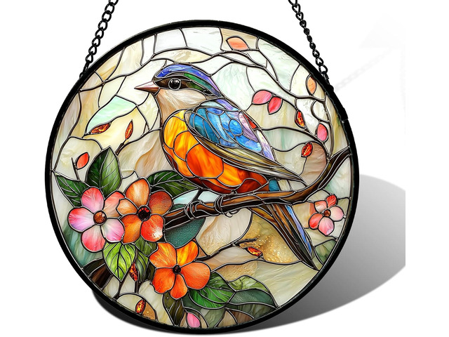 DASTOLL Stained Glass Window Hanging, Blue Bird Pink Flower Suncatcher Diamond Glass Panel Bird Sun Catchers Decor for Birthday for Women, Men,...