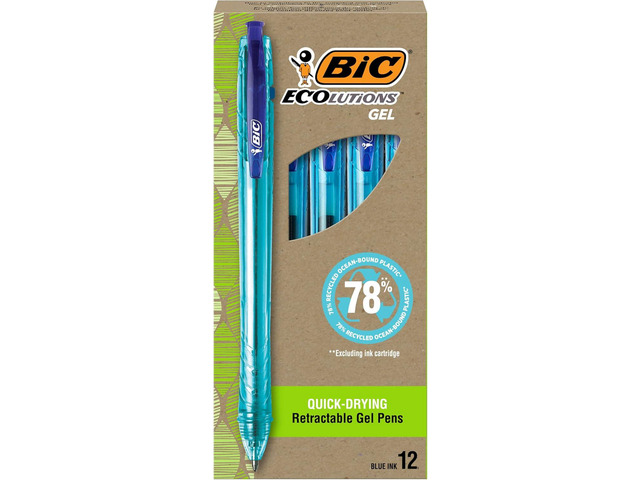 BIC Ecolutions Ocean-Bound Plastic Gel Pens, Medium Point (1.0mm), 12-Count Pack, Retractable Blue Ink Pens Made from 78% Ocean-Bound Recycled...