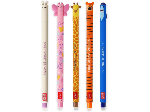 LEGAMI - Set of 5 Erasable Gel Pens with Thermosensitive Erase Ink, Range of ink colours & barrel designs, 0.7mm Tip, Bunny, Butterfly, Giraffe,...